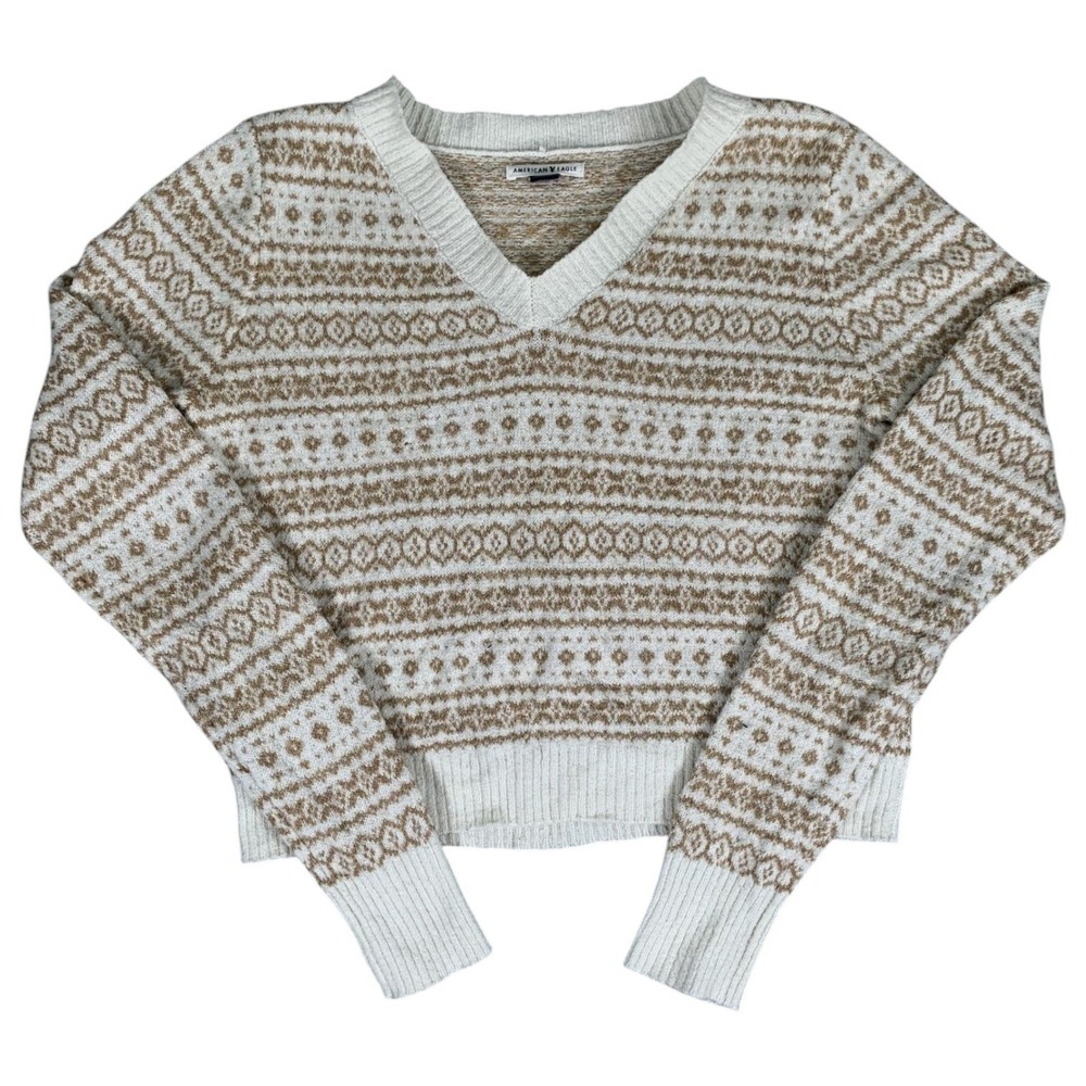 American Eagle Sweater Womens Small Cream Tan Fair Isle V-Neck Pullover Knit